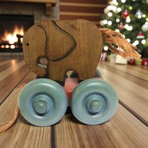 Vintage Wooden Elephant Pull Toy Folk Art Country Handmade Decor 5"